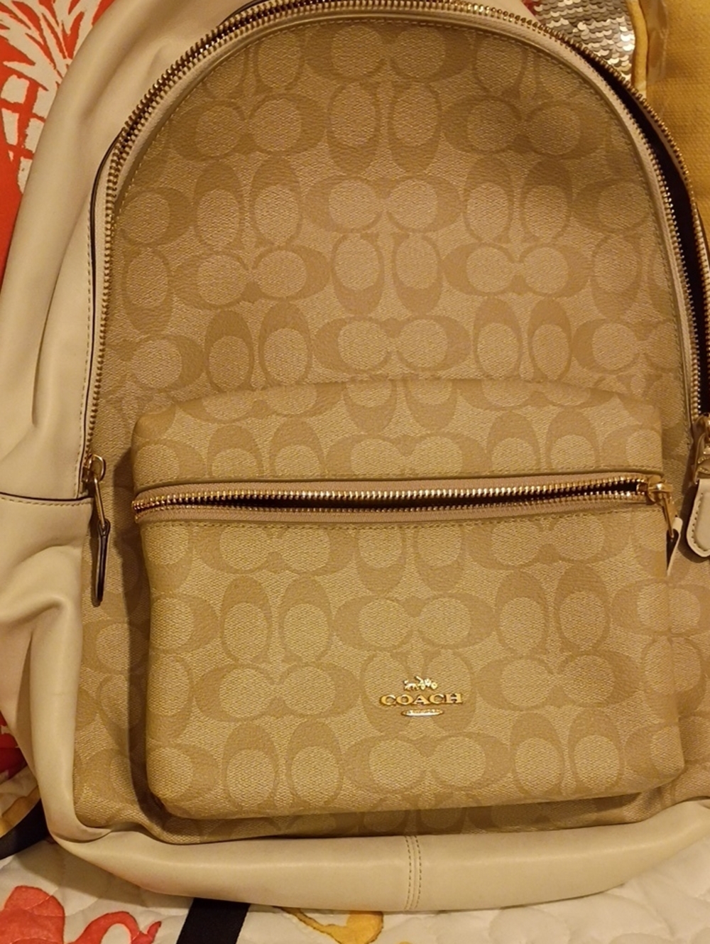 Coach Beige Signature Canvas Backpack with Gold Hardware